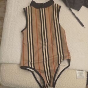 Burberry Kids One-Piece Swim in Tan, Black, White, Red Stripe